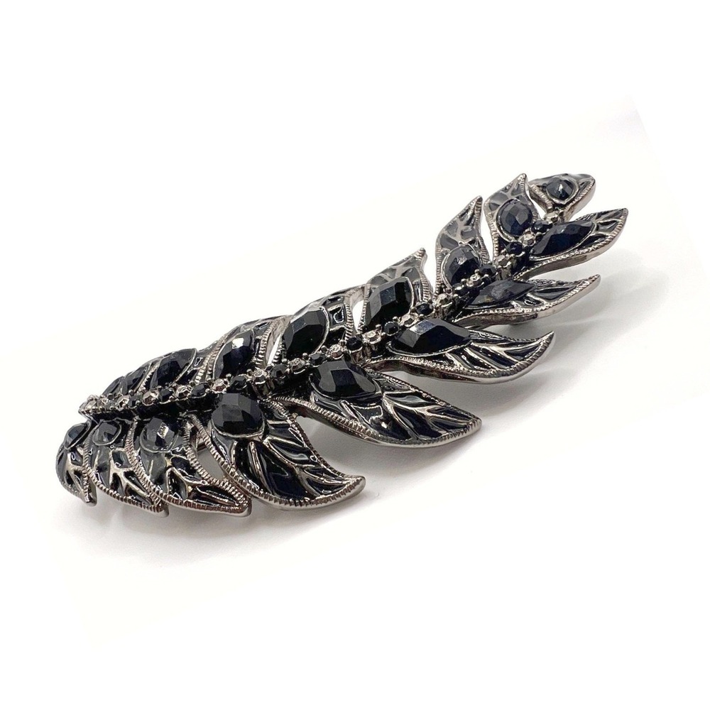 Vintage Monet Black Enamel Leaf Brooch Silver‎ Tone Rhinestone Accent 3.5"